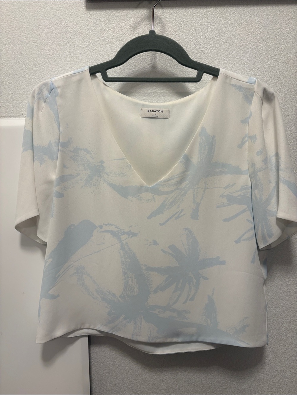 Babaton White V-Neck Blouse with Pale Blue Brushprint